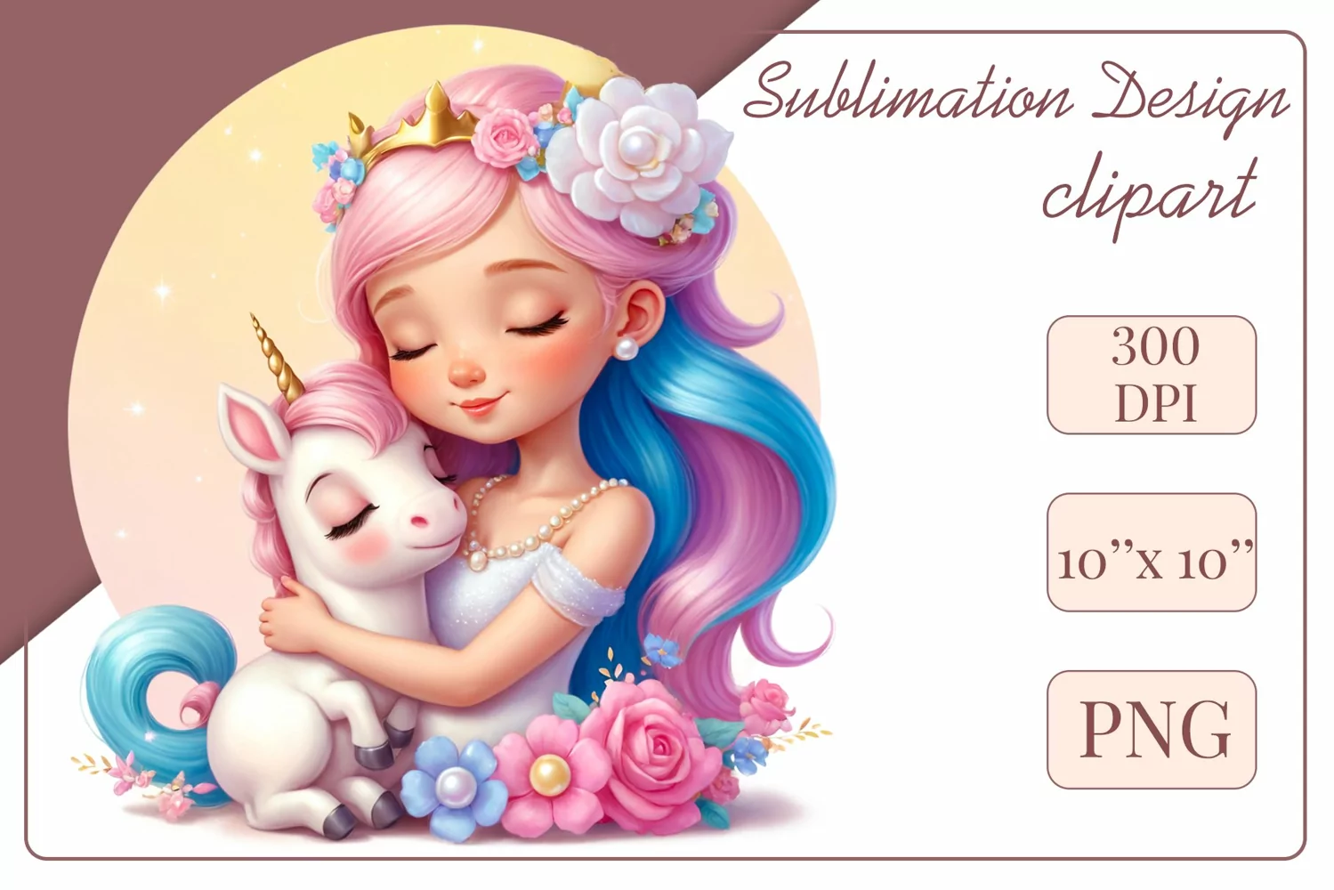 This enchanting clipart features a cute little princess tenderly embracing her faithful friend - a magical unicorn. Create magical moments with this adorable image, perfect for children's projects: cards, greetings, scrapbooking, and more