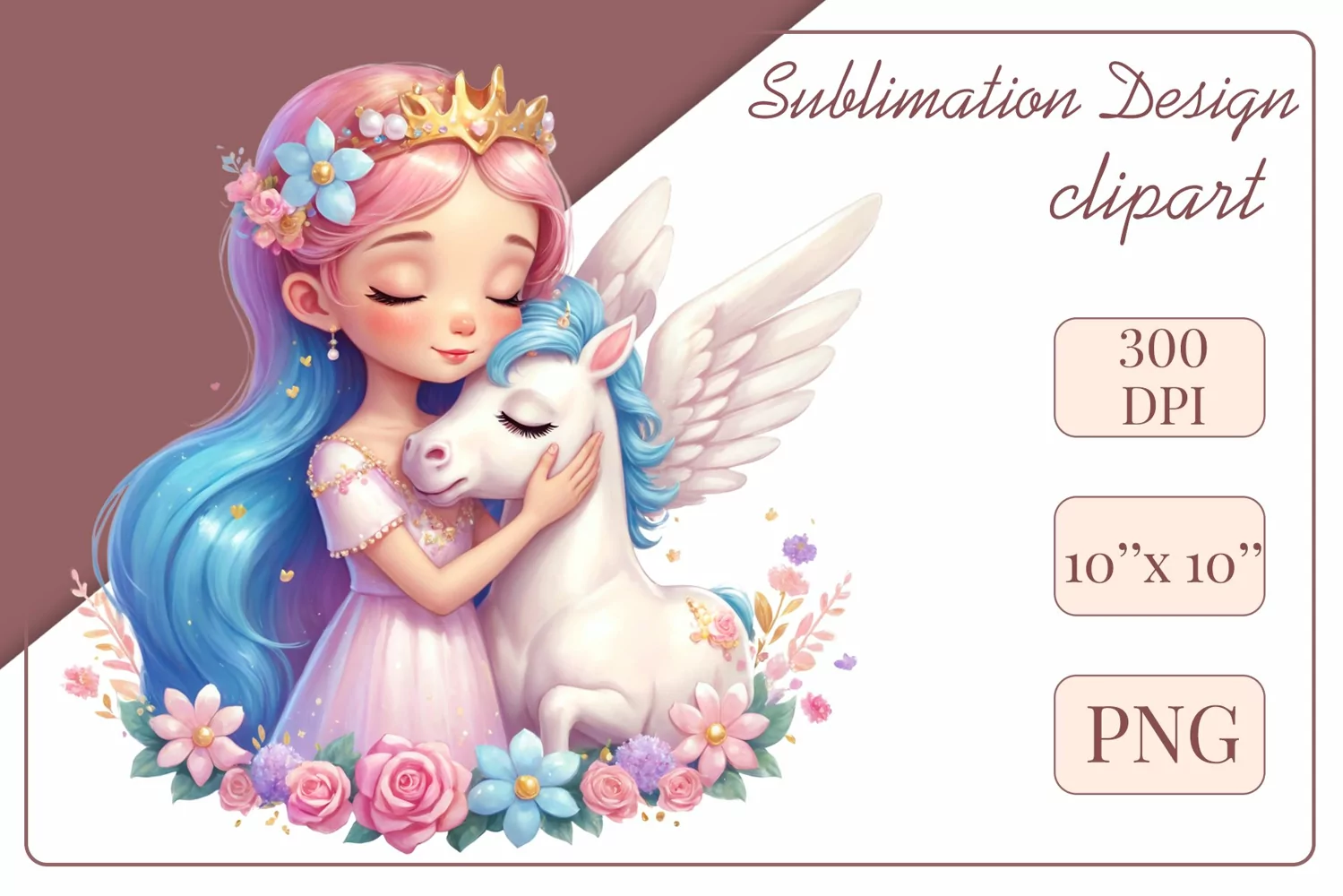 This enchanting clipart features a cute little princess tenderly embracing her faithful friend - a magical unicorn. Create magical moments with this adorable image, perfect for children's projects: cards, greetings, scrapbooking, and more