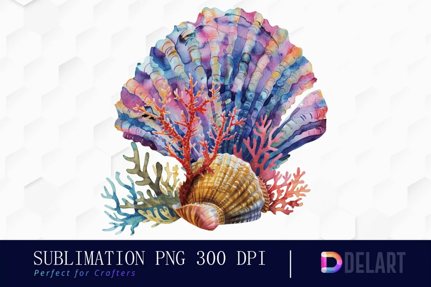 Colorful Coral Reef Sea Shell Watercolor Clipart product image 1