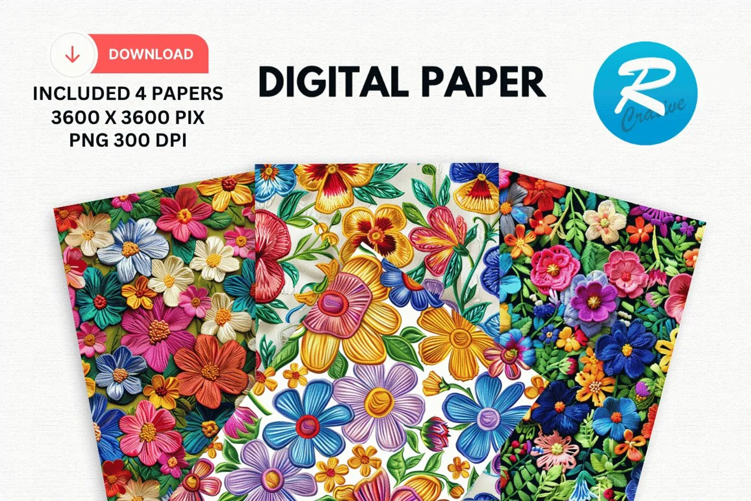 Embroidery Flowers Digital Paper, Floral Background product image 1