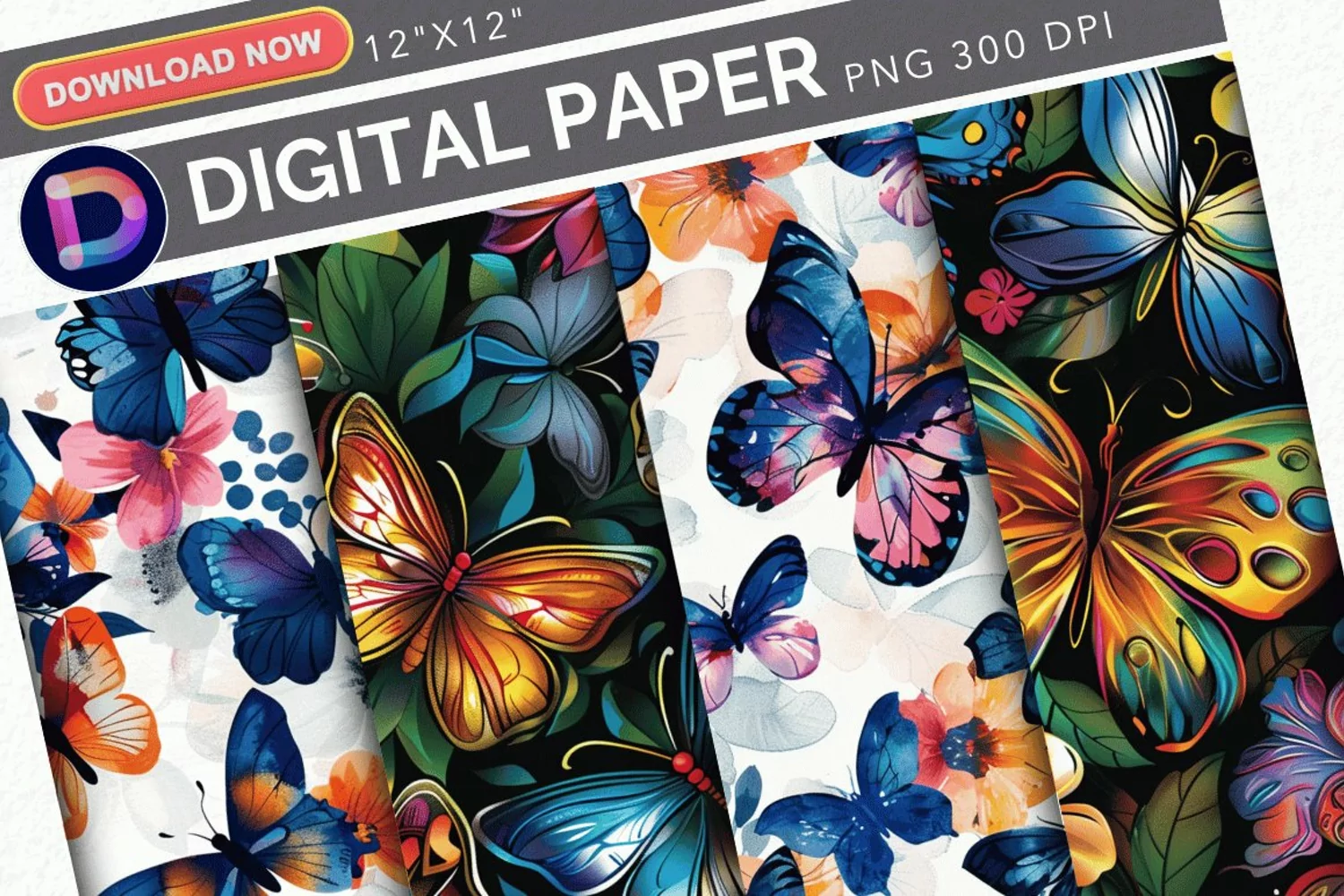 Colorful Floral Butterfly Digital Paper product image 1