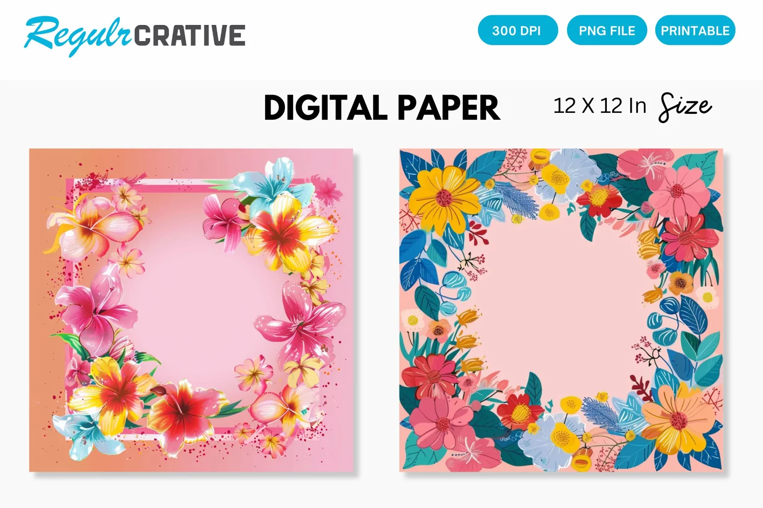 Colorful Floral Frame on Pink Digital Paper product image 1