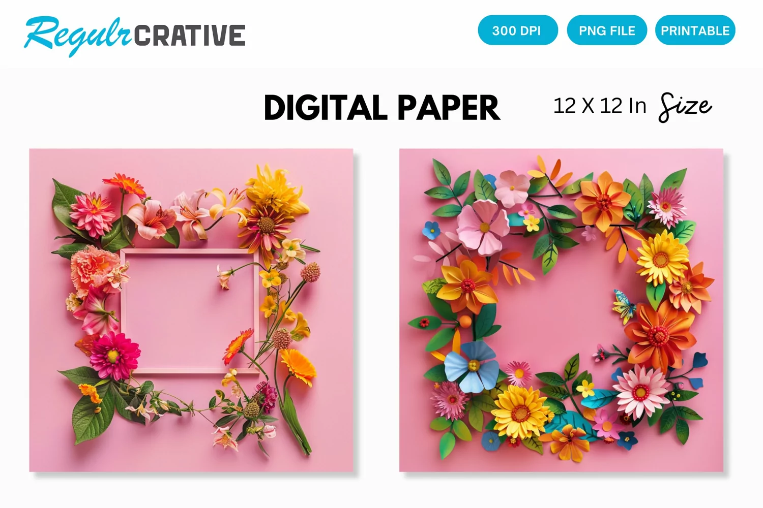 Colorful Floral Frame on Pink Digital Paper product image 1