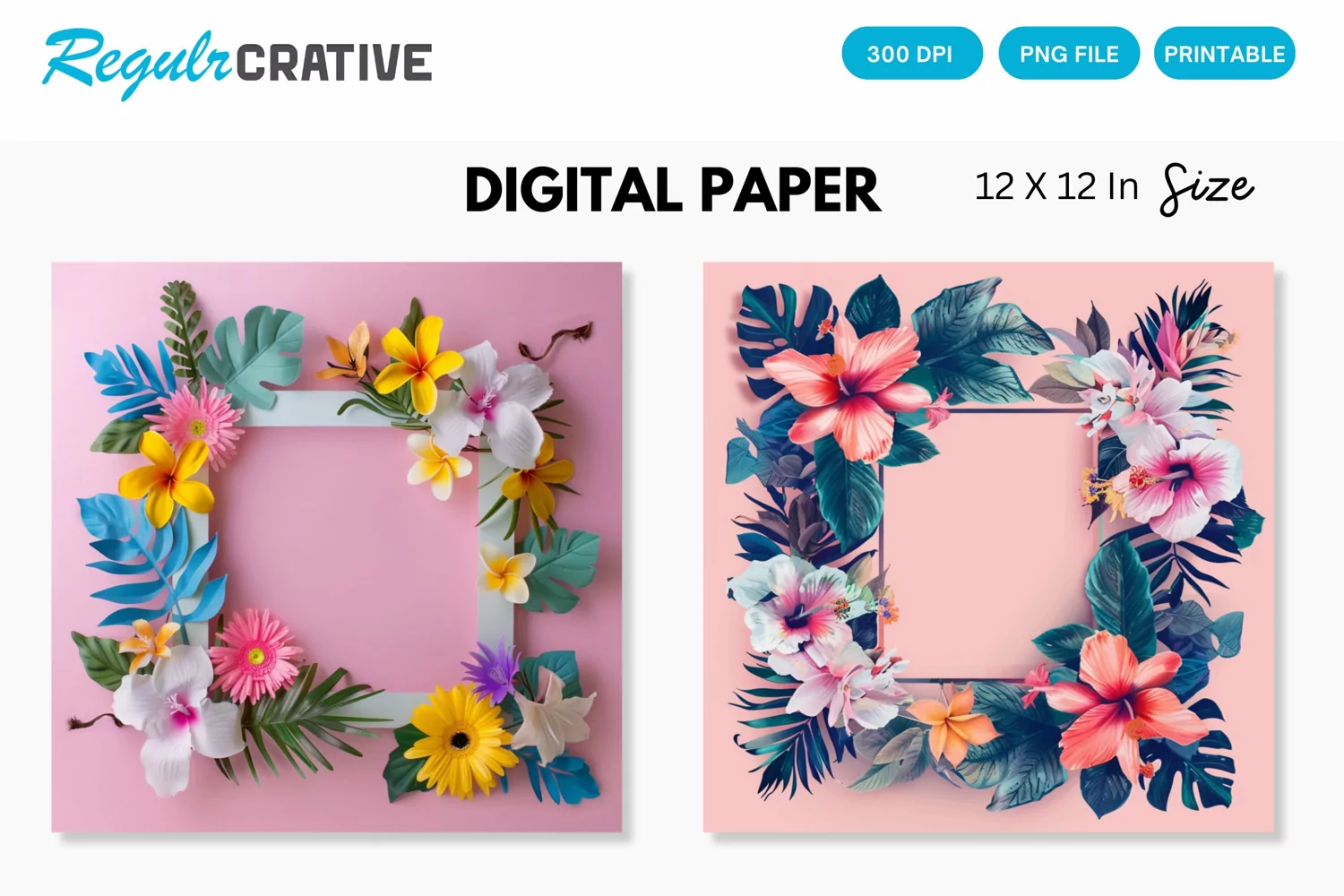 Colorful Floral Frame on Pink Digital Paper product image 1