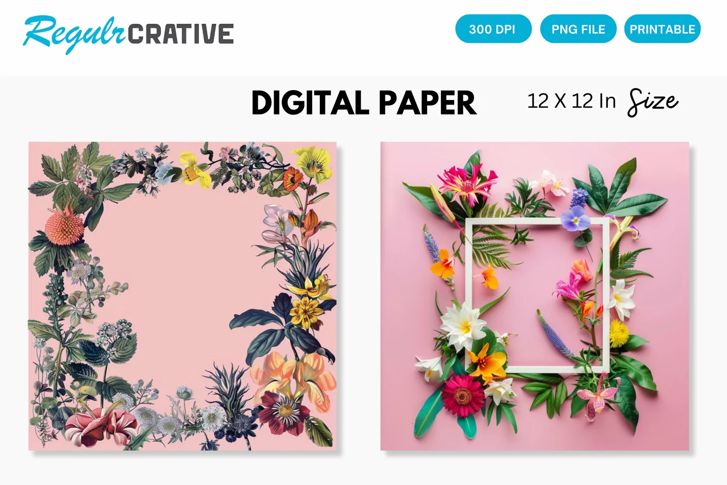 Colorful Floral Frame on Pink Digital Paper product image 1