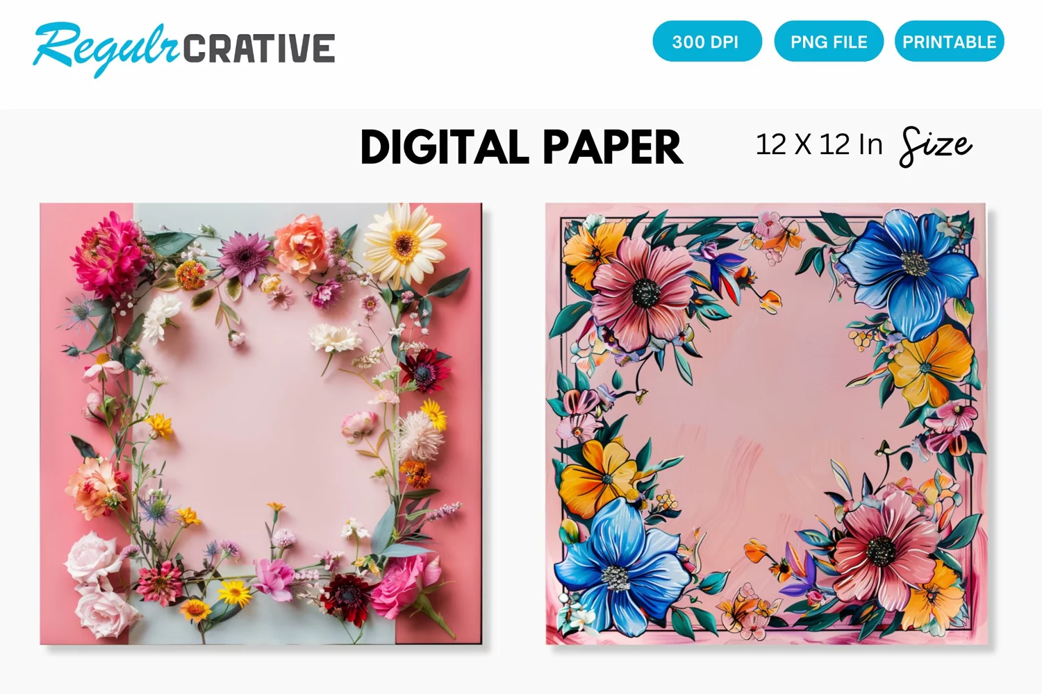 Colorful Floral Frame on Pink Digital Paper product image 1