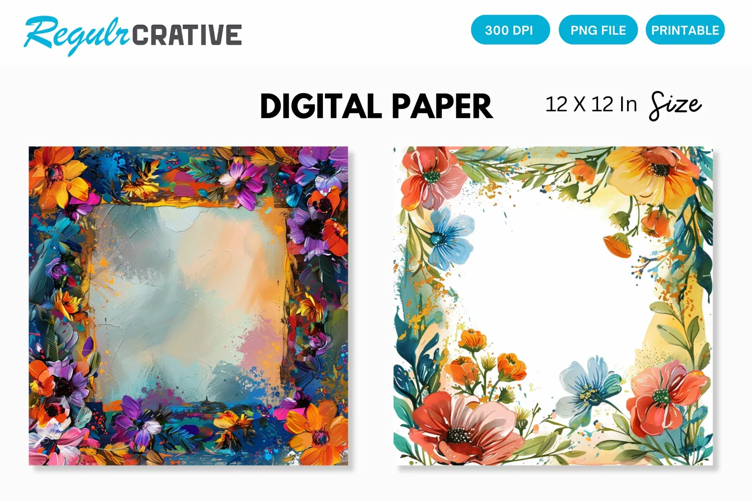 Colorful Floral Frame Painting Digital Paper product image 1