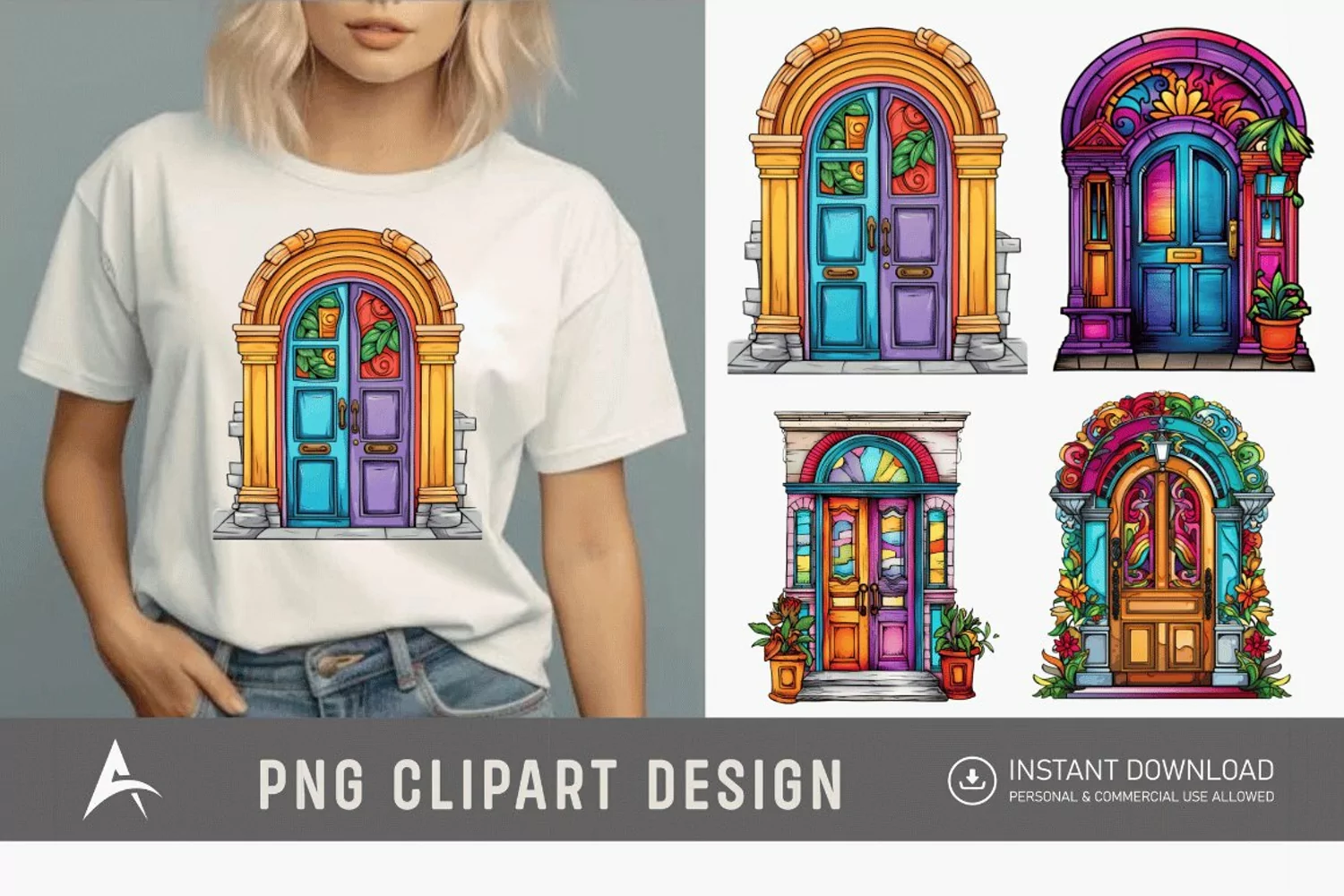 Watercolor Colorful Front Doors Sublimation Clipart product image 1