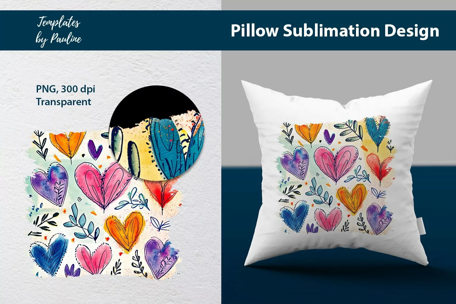 Colorful hand-drawn hearts and leaves Pillow Cover printable background