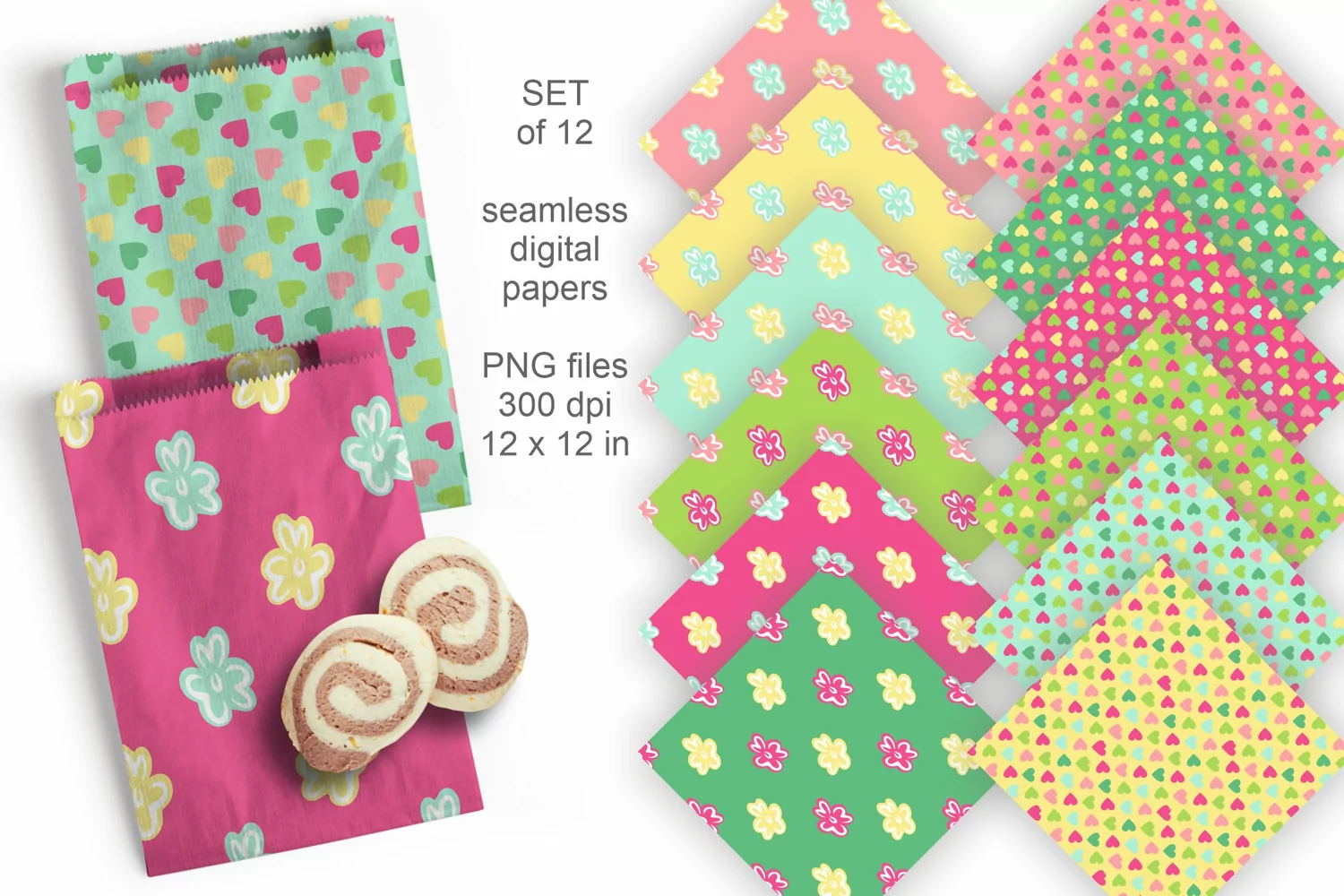 Colorful Hearts and Flowers Seamless Patterned Papers Set 