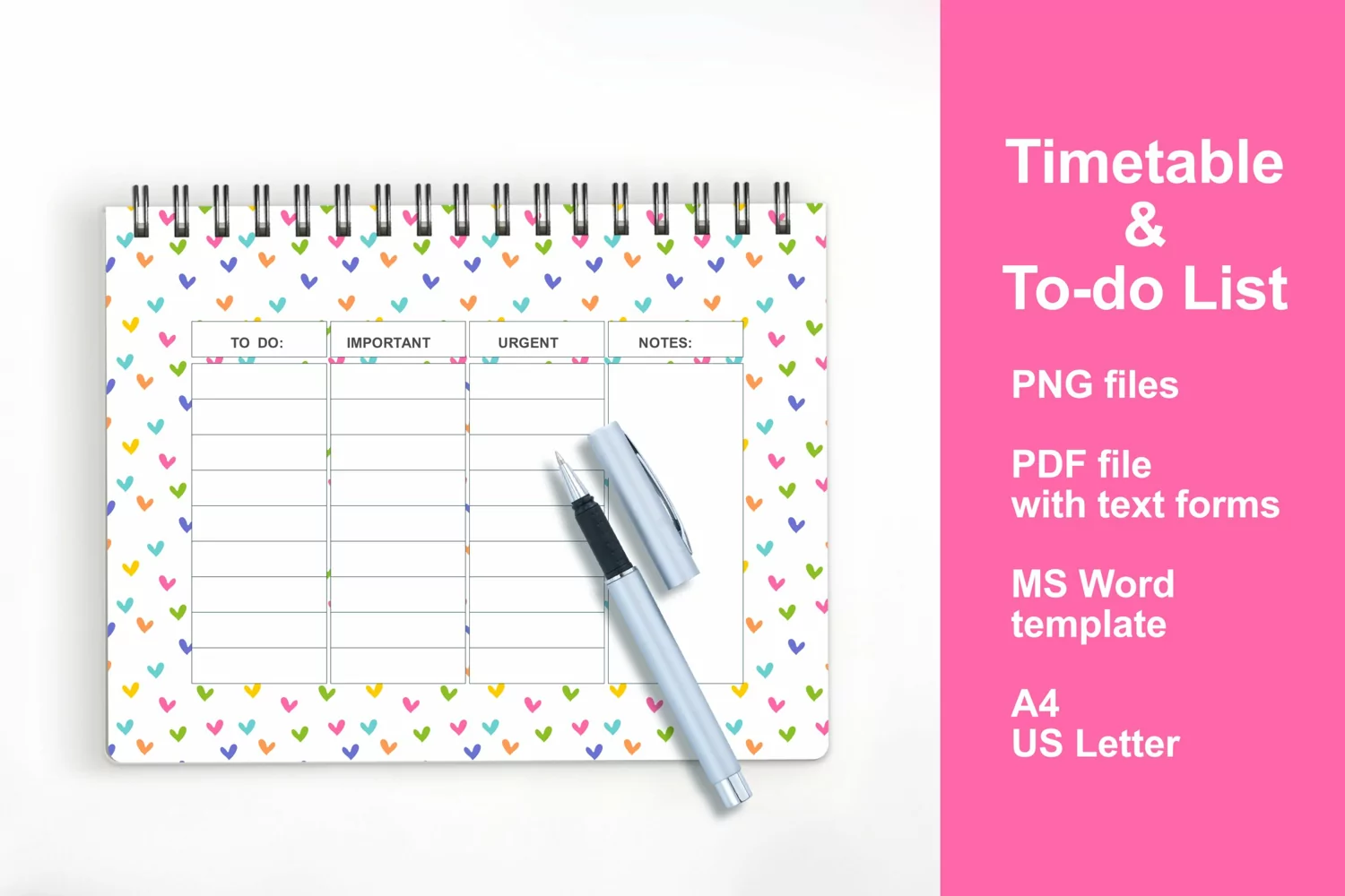 Colorful Hearts Timetable To-Do List Printable Editable PDF