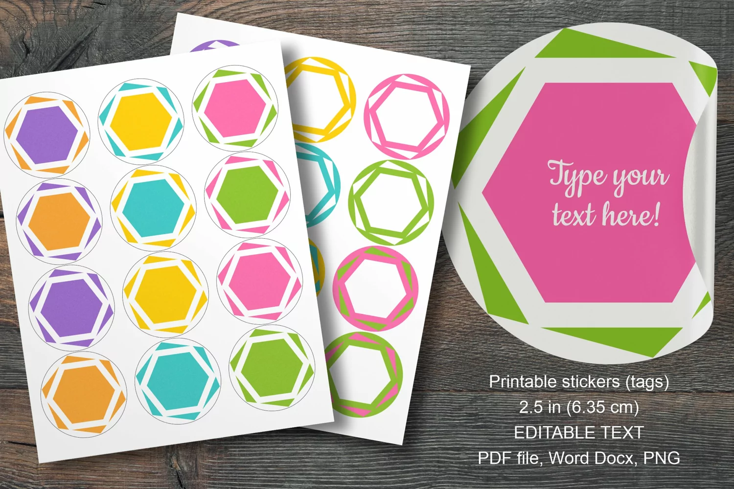 Colorful Hexagons Summer Round Labels 12 pcs per paper