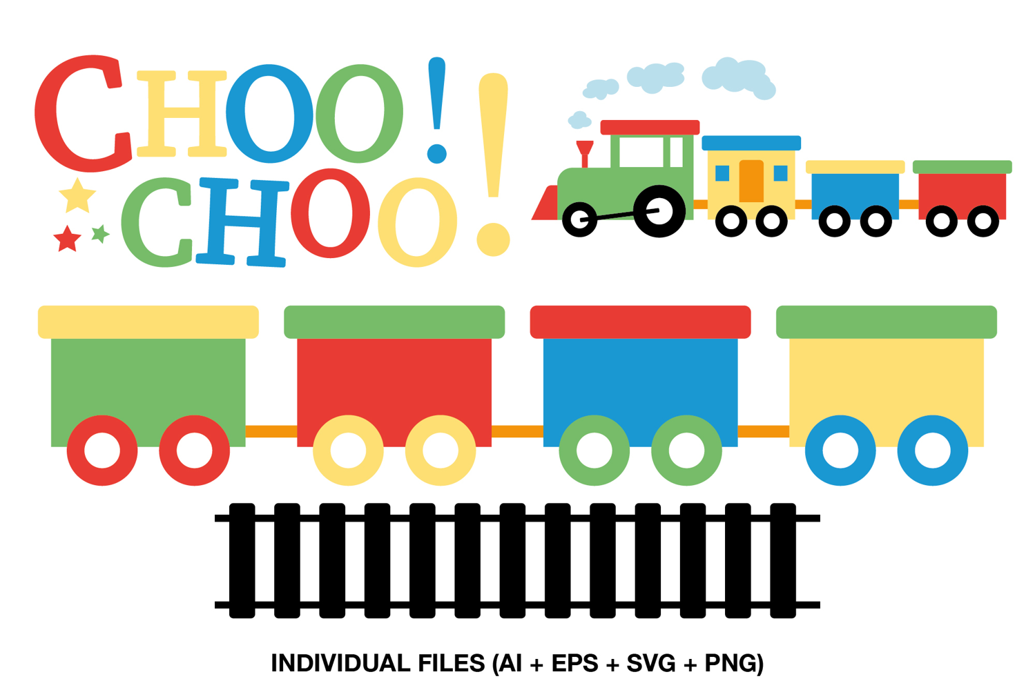 Four colorful train illustrations with locomotive, train cars, railroad track and Choo Choo text
