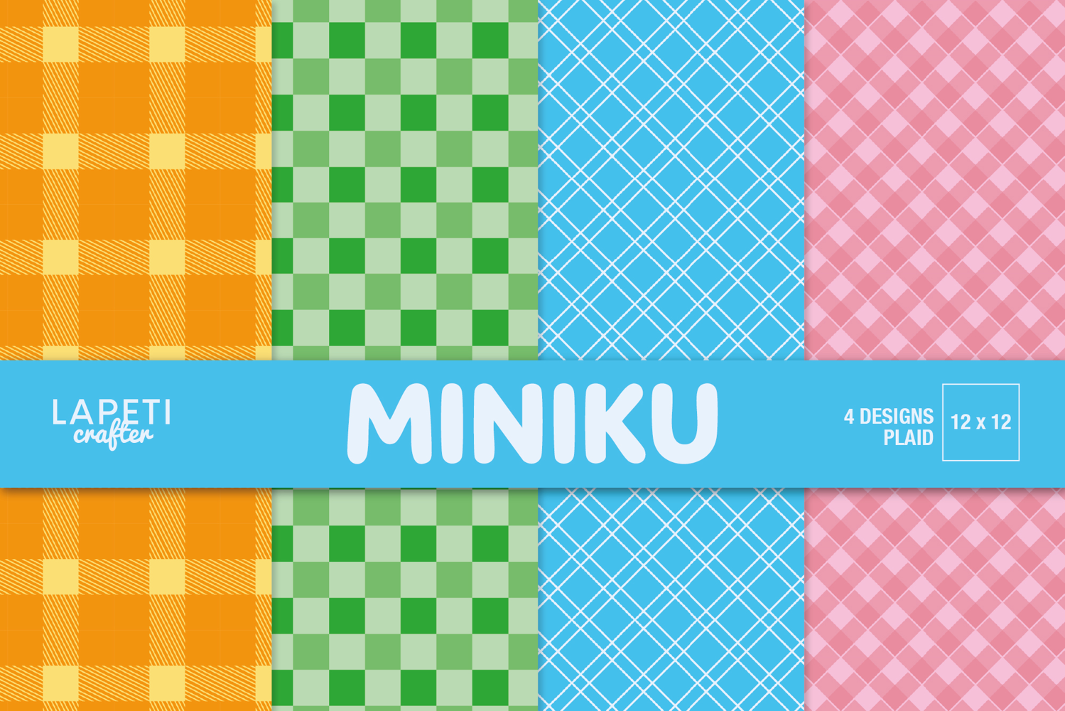 Colorful plaid digital paper pack with 4 bright 12x12 printable patterns for crafts and stationery.
