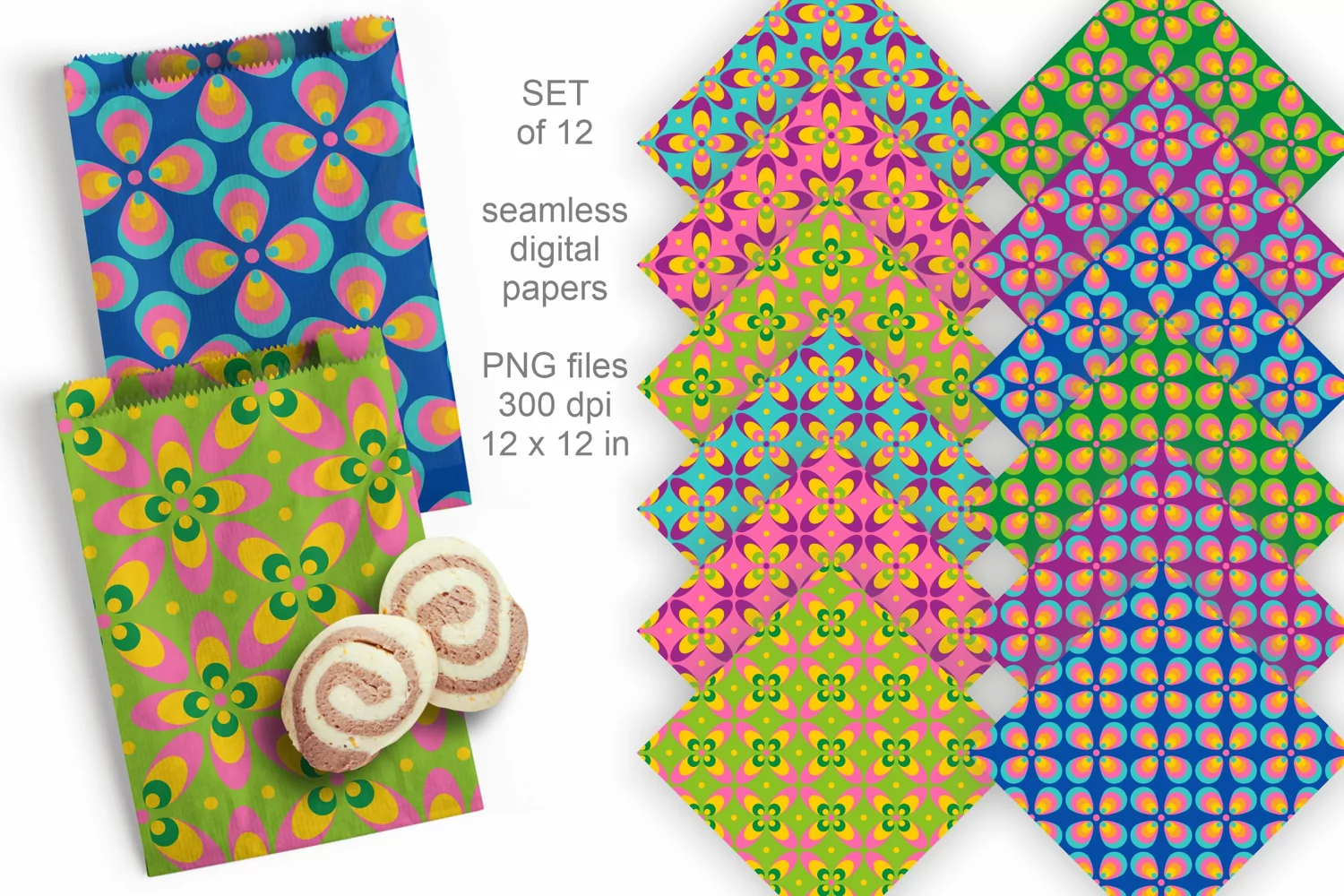 Colorful Retro 60s Seamless Patterned Papers Set of 12 PNG