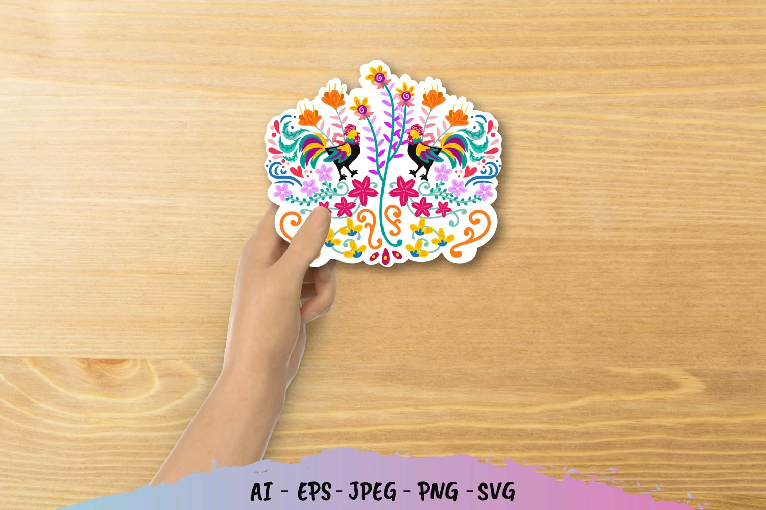 Colourful Rooster Folk Art Sticker PNG product image 1