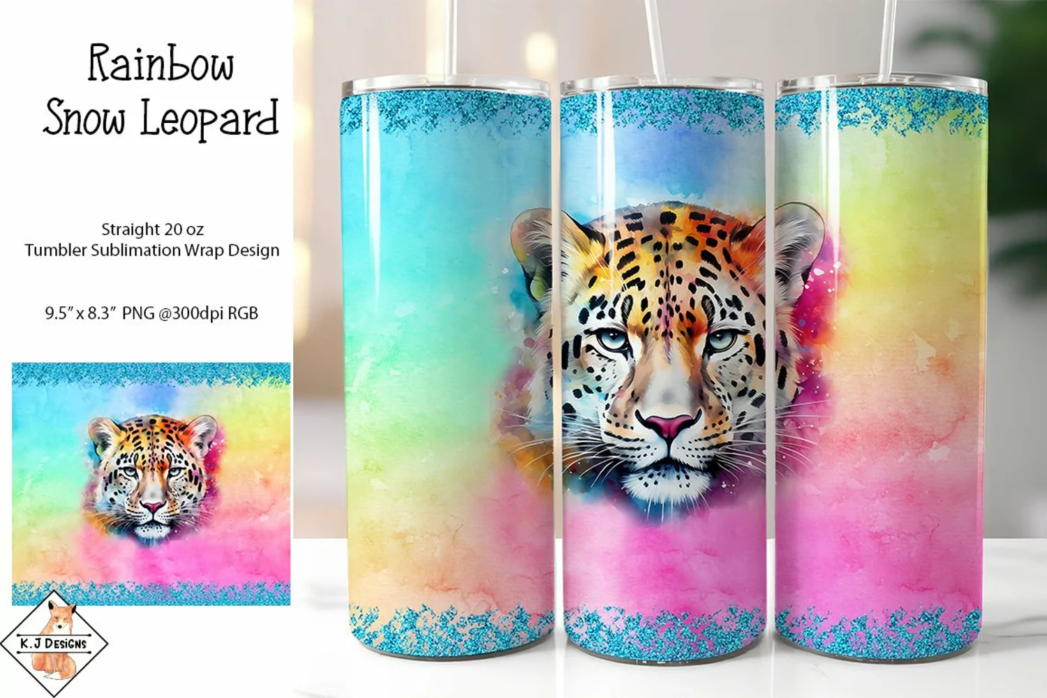 Rainbow Snow Leopard Sublimation Tumbler Wrap product image 1