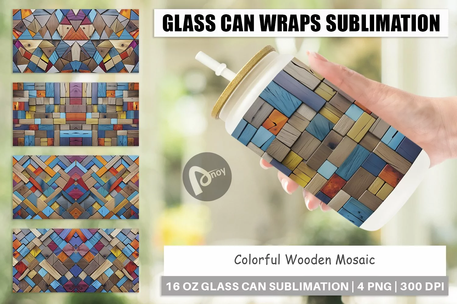 Glass Can Wraps Colorful Wood Mosaic product image 1