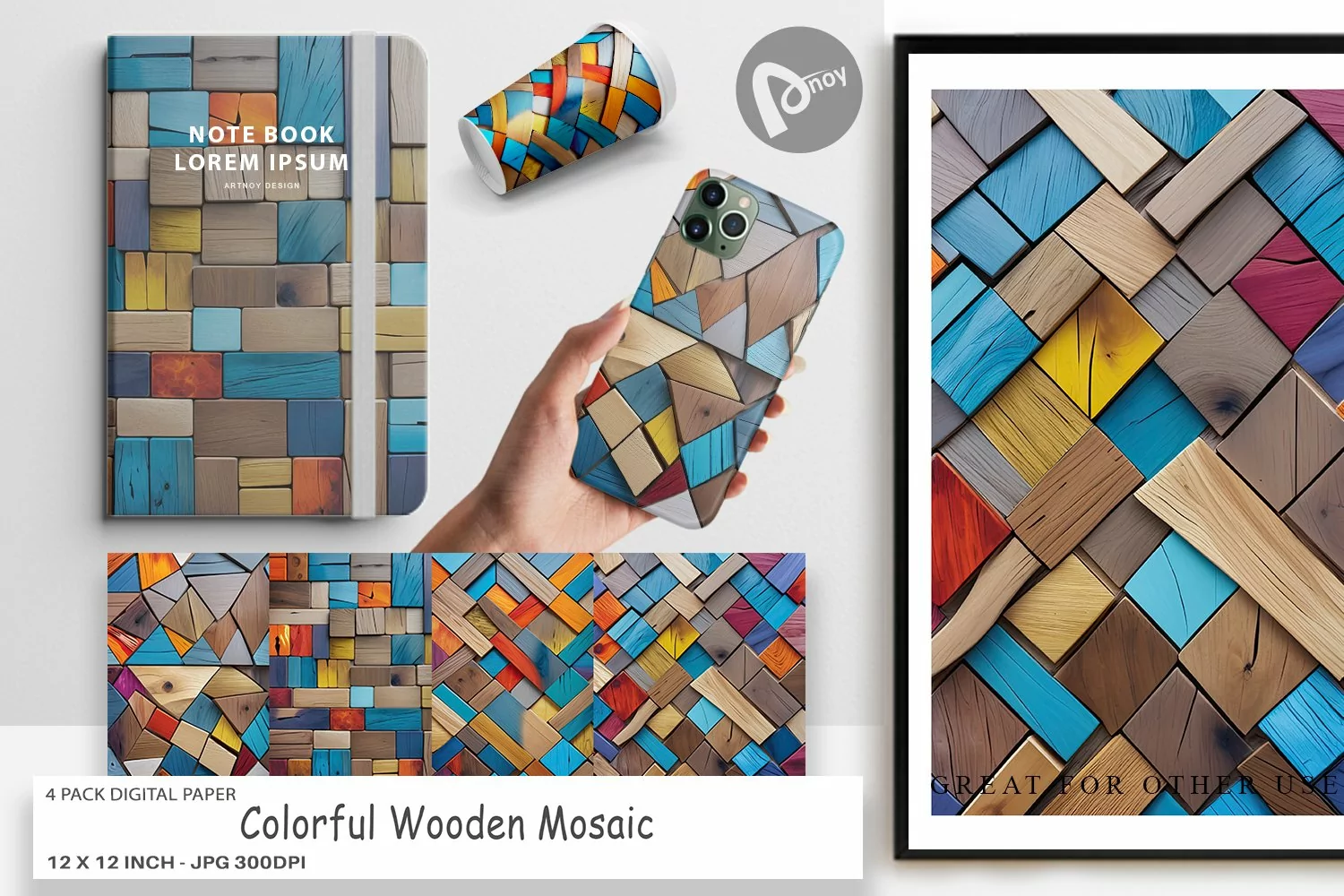 Digital Paper Colorful Wood Mosaic product image 1