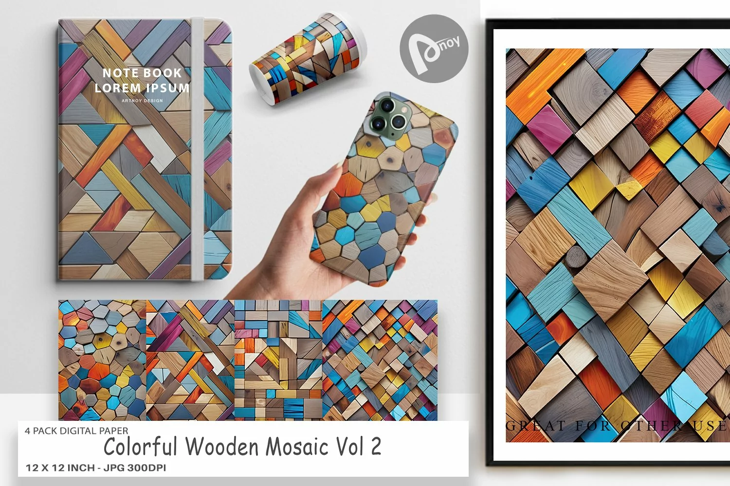 Digital Paper Colorful Wood Mosaic product image 1