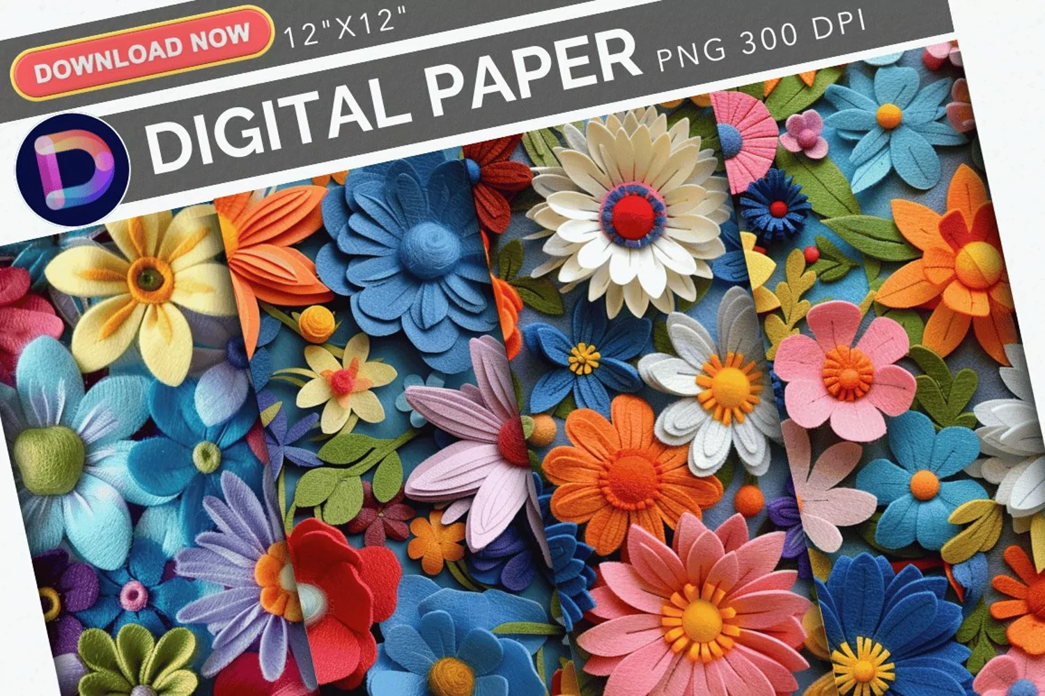 Colorful Wool Felt Flowers Digital Paper product image 1
