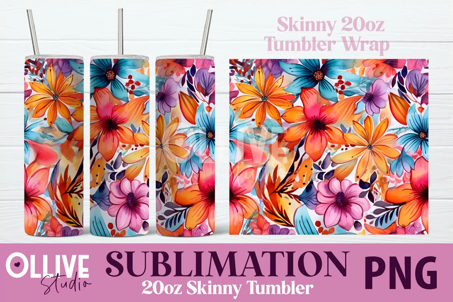 Multicolor Flowers Watercolor 20oz Tumbler Wrap PNG product image 1