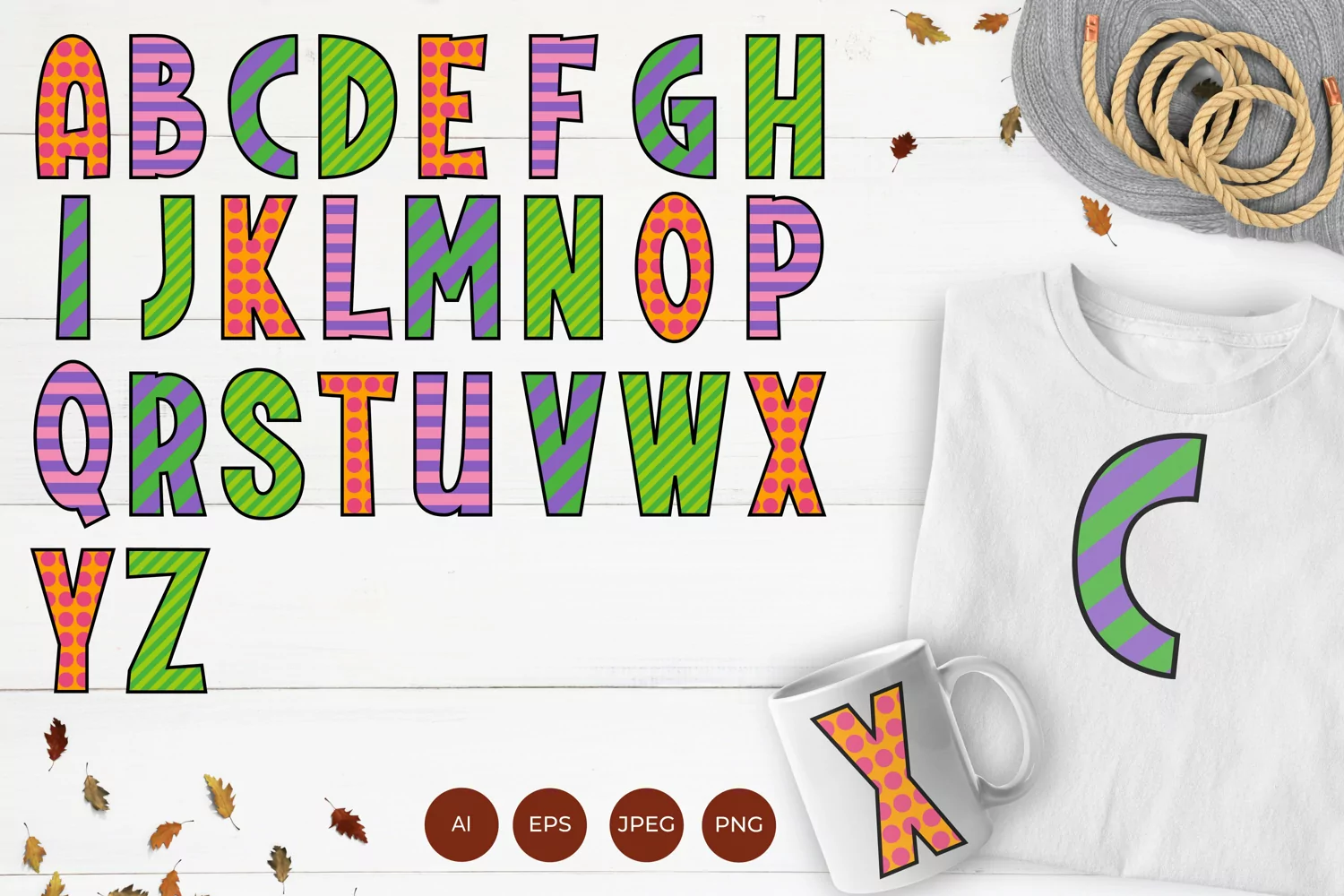 Colorful Alphabet with Stripes and Dots Pattern Monogram Set product image 1