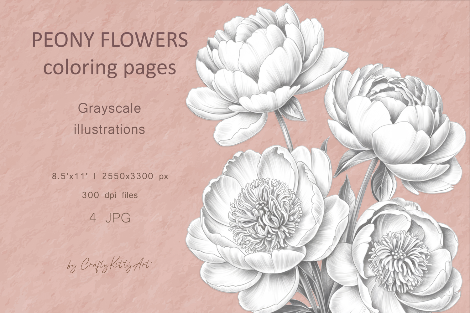 Peonies coloring pages for adults, Spring garden floral page product image 1