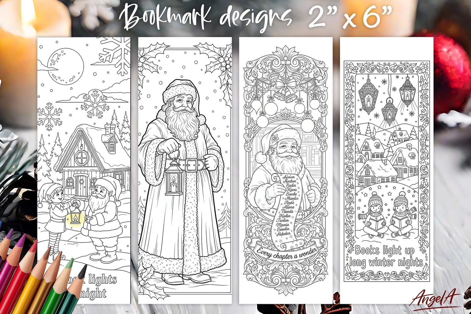Christmas coloring pages printable, winter kids bookmark product image 1
