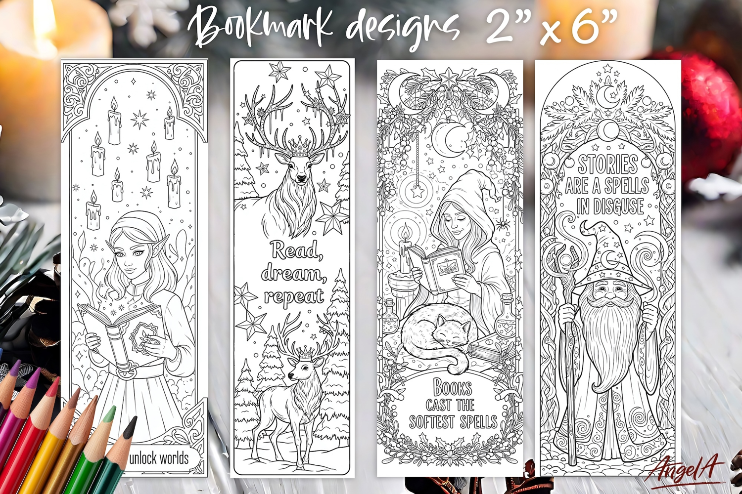 Coloring pages printable bookmark, fantasy witch, magician product image 1