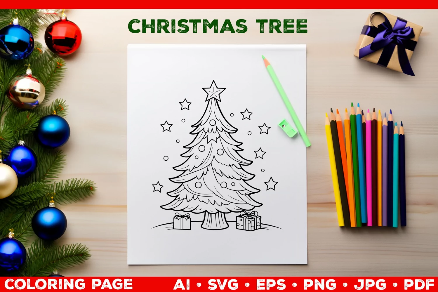 Festive Christmas Tree Coloring Page. Christmas Tree SVG product image 1