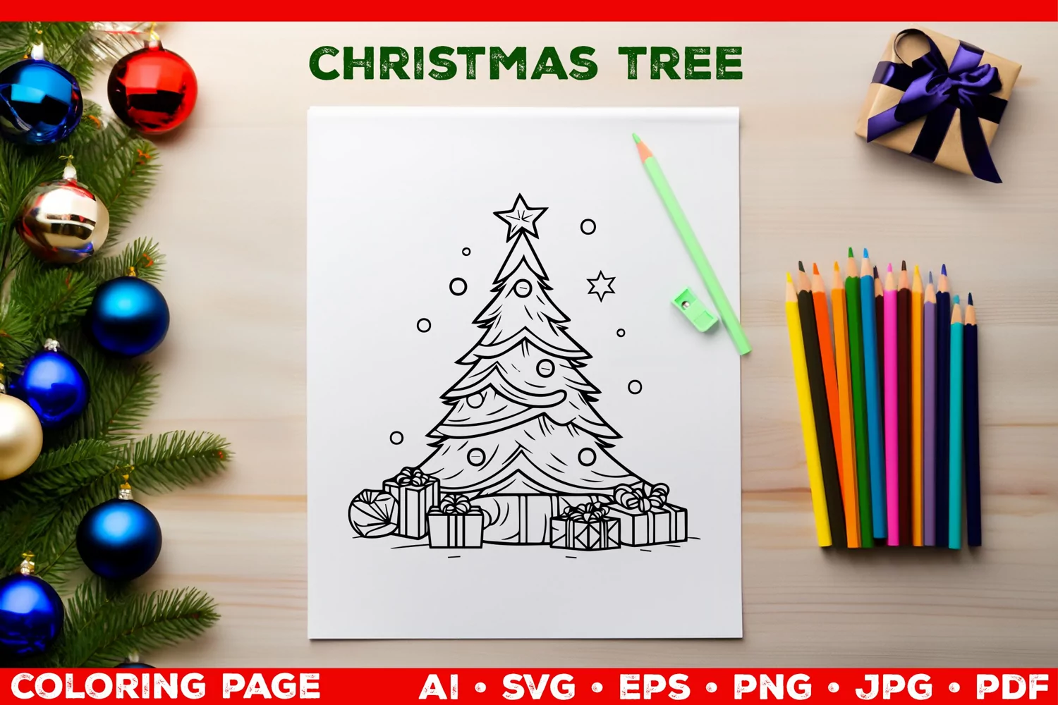 Festive Christmas Tree Coloring Page. Christmas Tree SVG product image 1