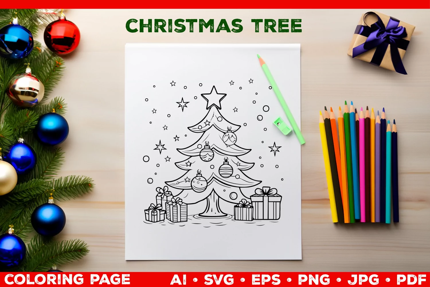 Festive Christmas Tree Coloring Page. Christmas Tree SVG product image 1