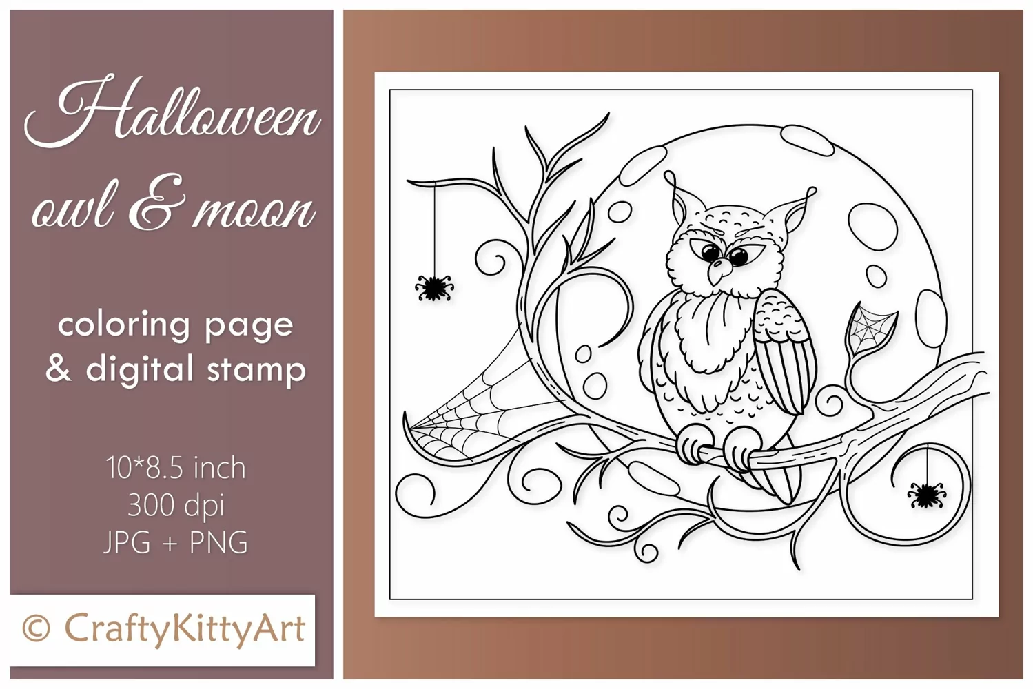 Night Owl, Spiders and Full moon, Halloween coloring page product image 1