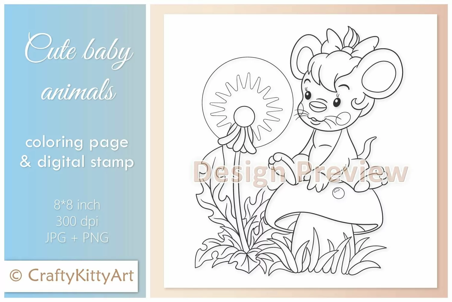 Mouse, Mushroom & Dandelion, Cute Baby Animal Digital Stamp product image 1