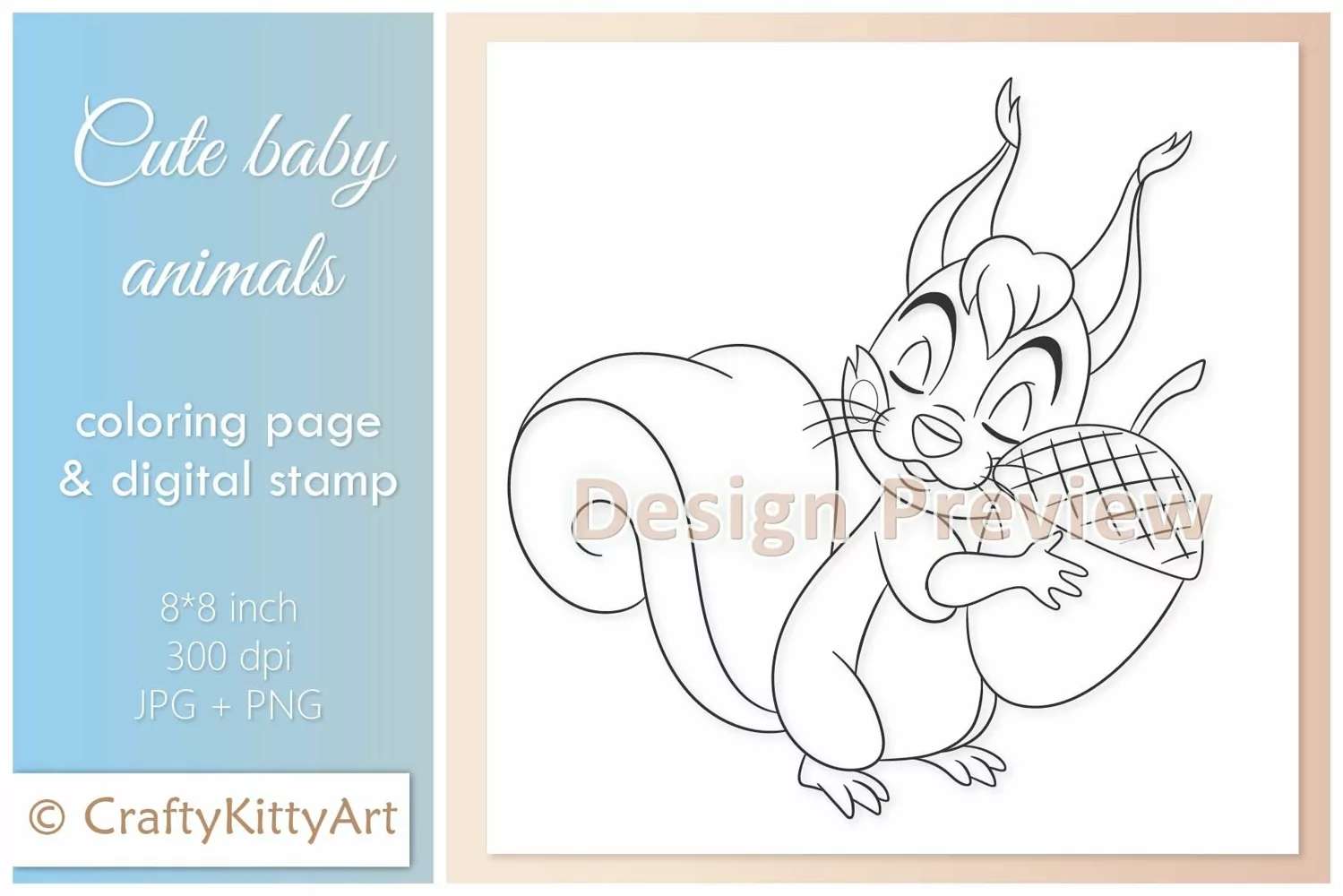 Squirrel with Acorn, Fall Cute Baby Animal Digital Stamp product image 1