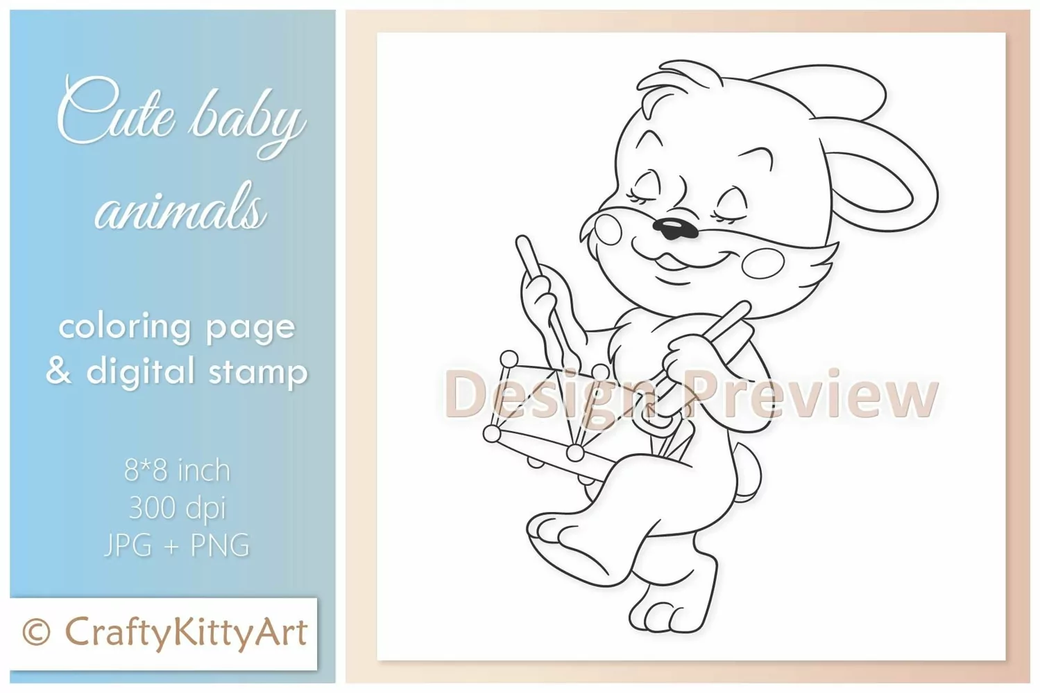 Bunny Drummer, Baby Rabbit, Cute Baby Animal Digital Stamp product image 1