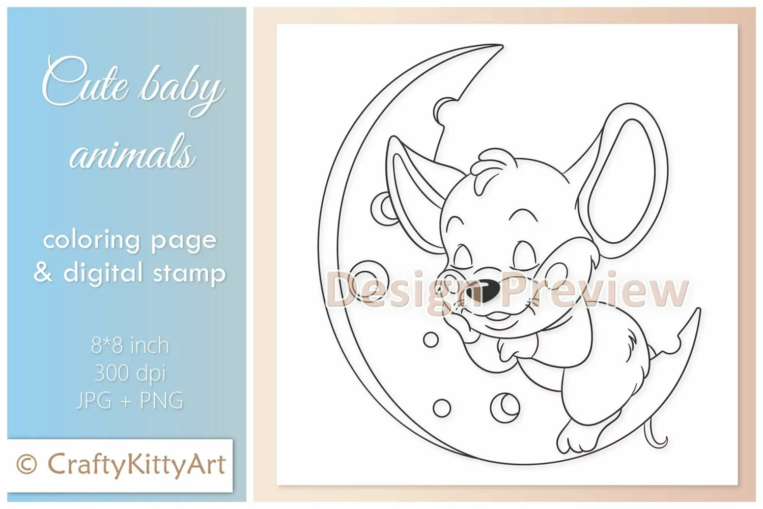 Mouse Sleeping on Moon Cheese Cute Baby Animal Digital Stamp product image 1