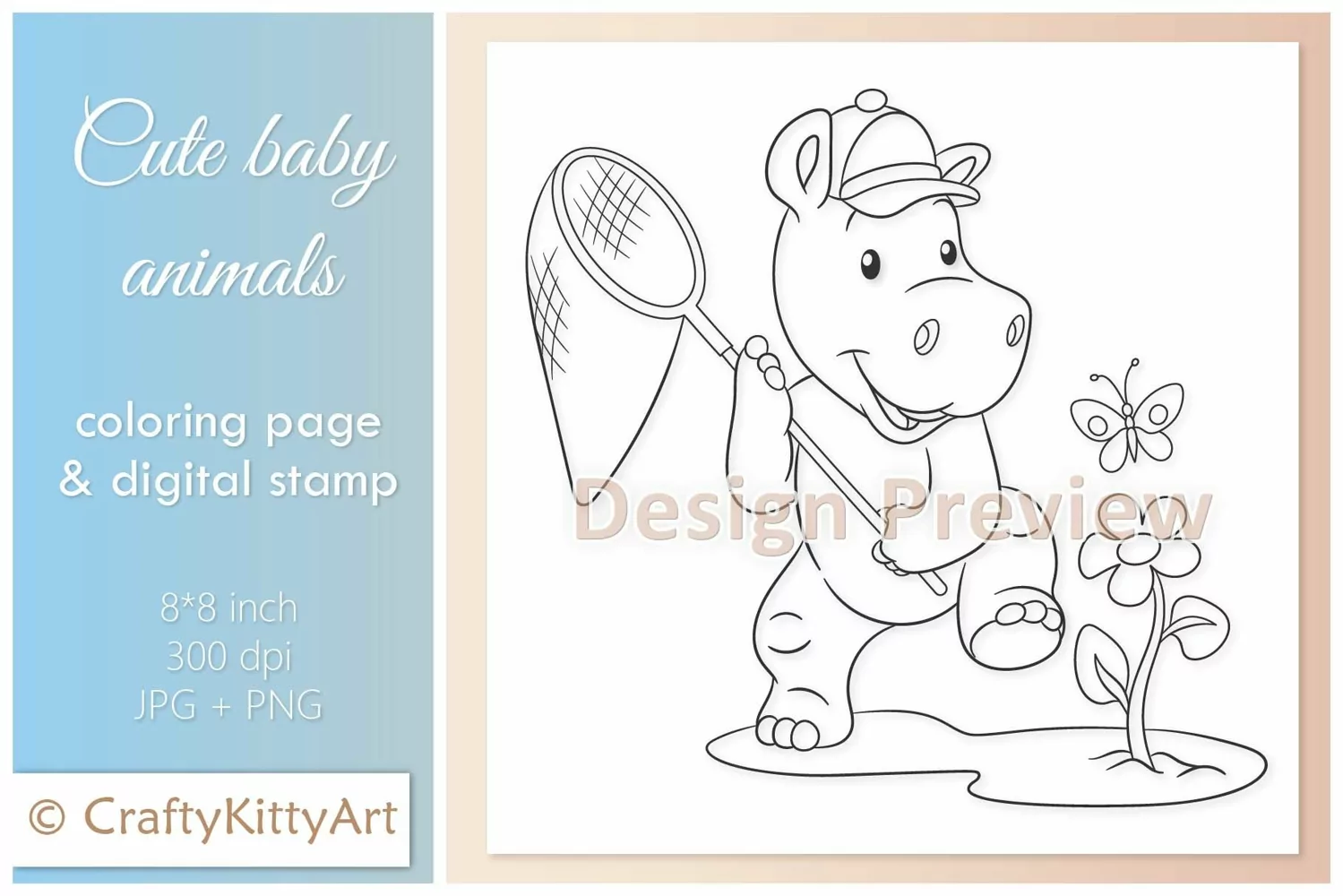 Baby Hippo and Butterfly, Cute Baby Animal Digital Stamp product image 1