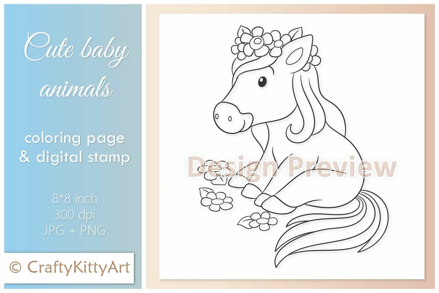 Horse in Floral Crown, Pony, Cute Baby Animal Digital Stamp product image 1
