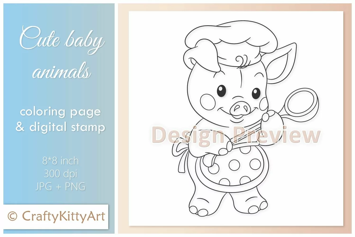 Pig, Chef Cook, Chief-Cooker, Cute Baby Animal Digital Stamp product image 1