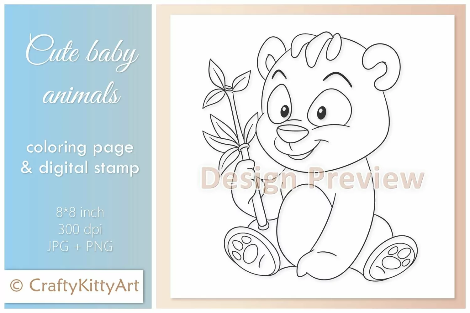 Panda Bear with Bamboo Leaf, Cute Baby Animal Digital Stamp product image 1