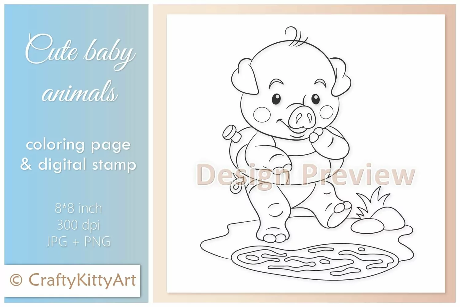 Pig, Summer Swimming Pool, Cute Baby Animal Digital Stamp product image 1