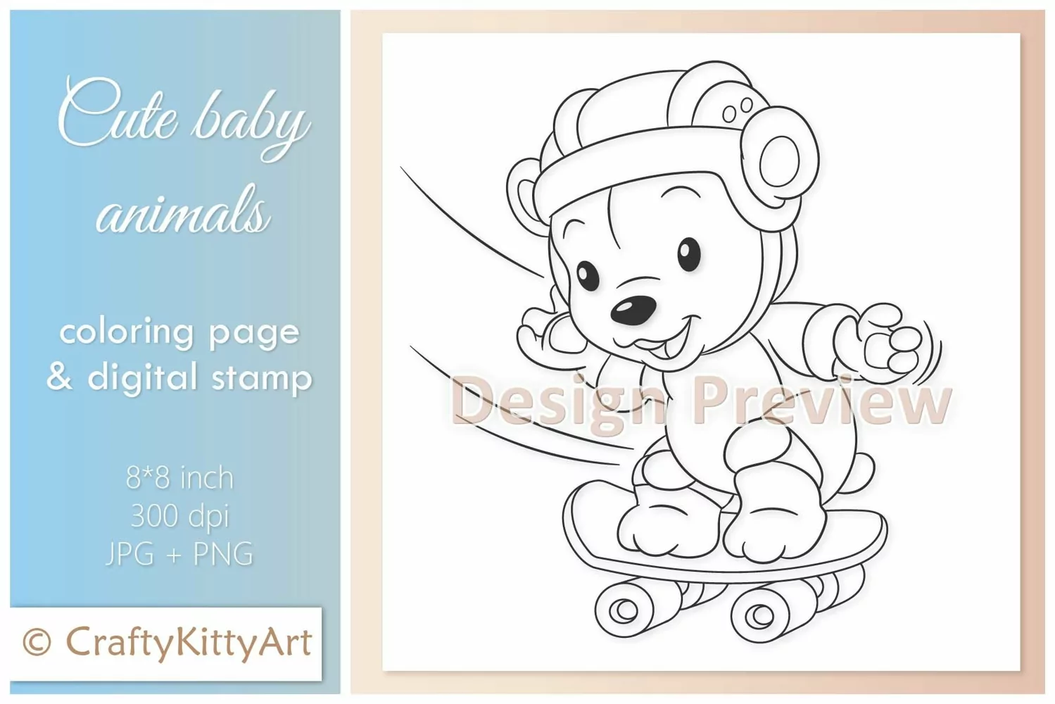 Teddy Bear on Skateboard, Cute Baby Animal Digital Stamp product image 1