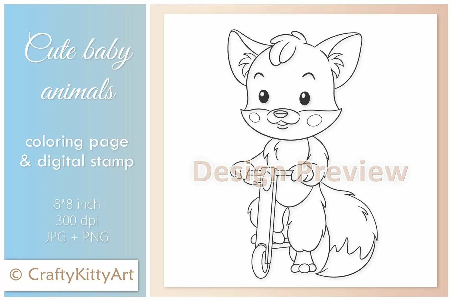 Fox with Electric Scooter, Cute Baby Animal Digital Stamp product image 1