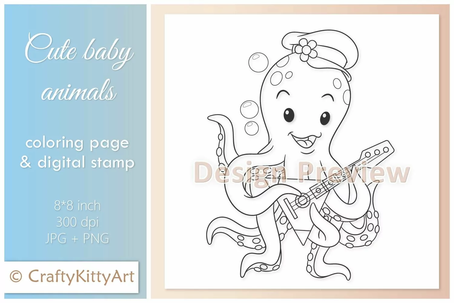 Octopus playing Balalaika, Cute Baby Animal Digital Stamp product image 1