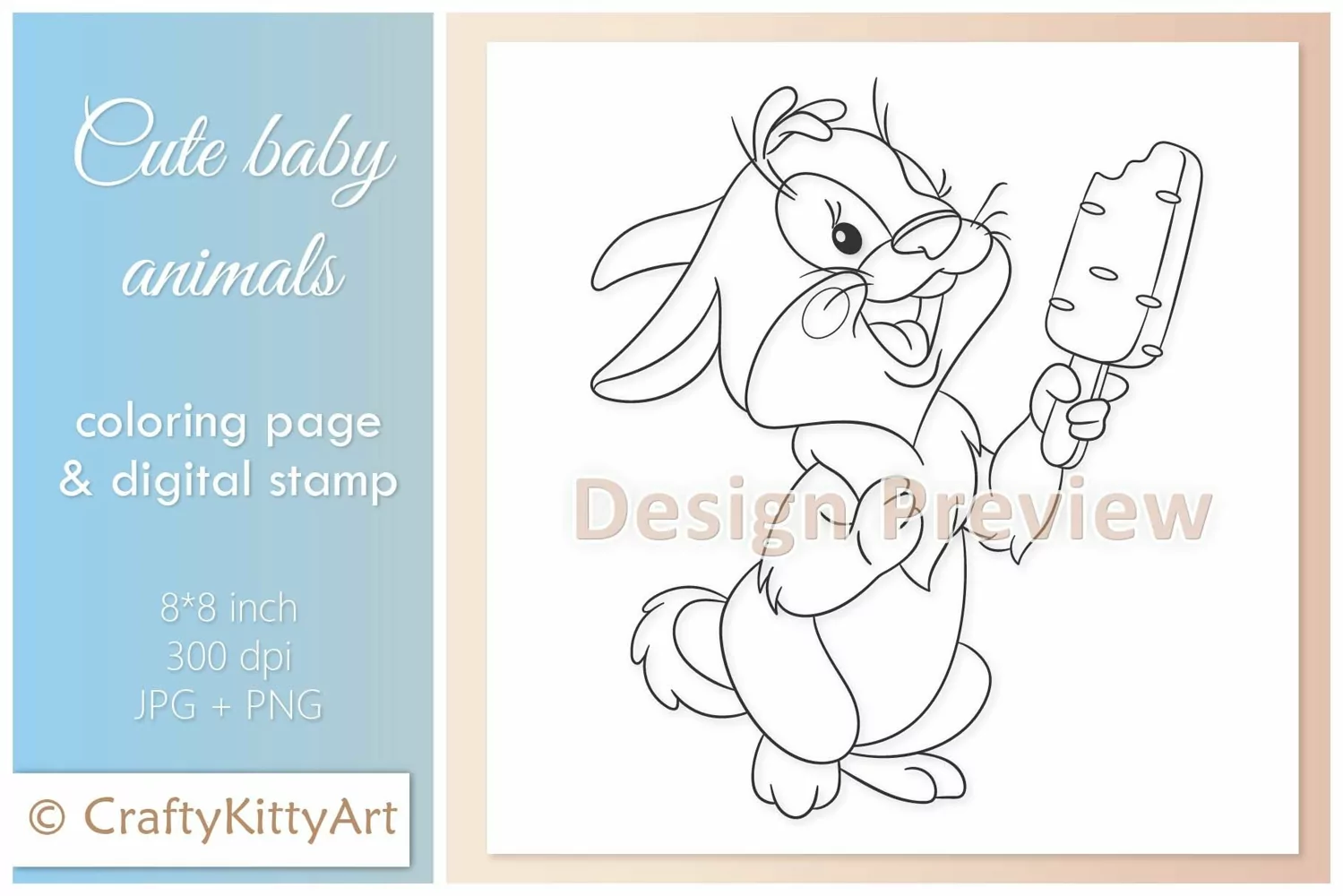 Bunny with Carrot Ice Cream, Cute Baby Animal Digital Stamp product image 1