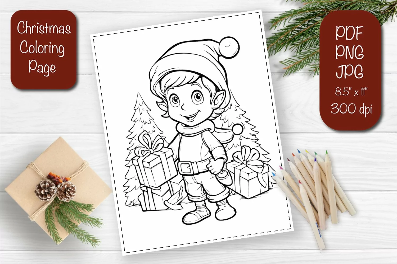 Christmas coloring pages Elf coloring Kids printable sheet product image 1