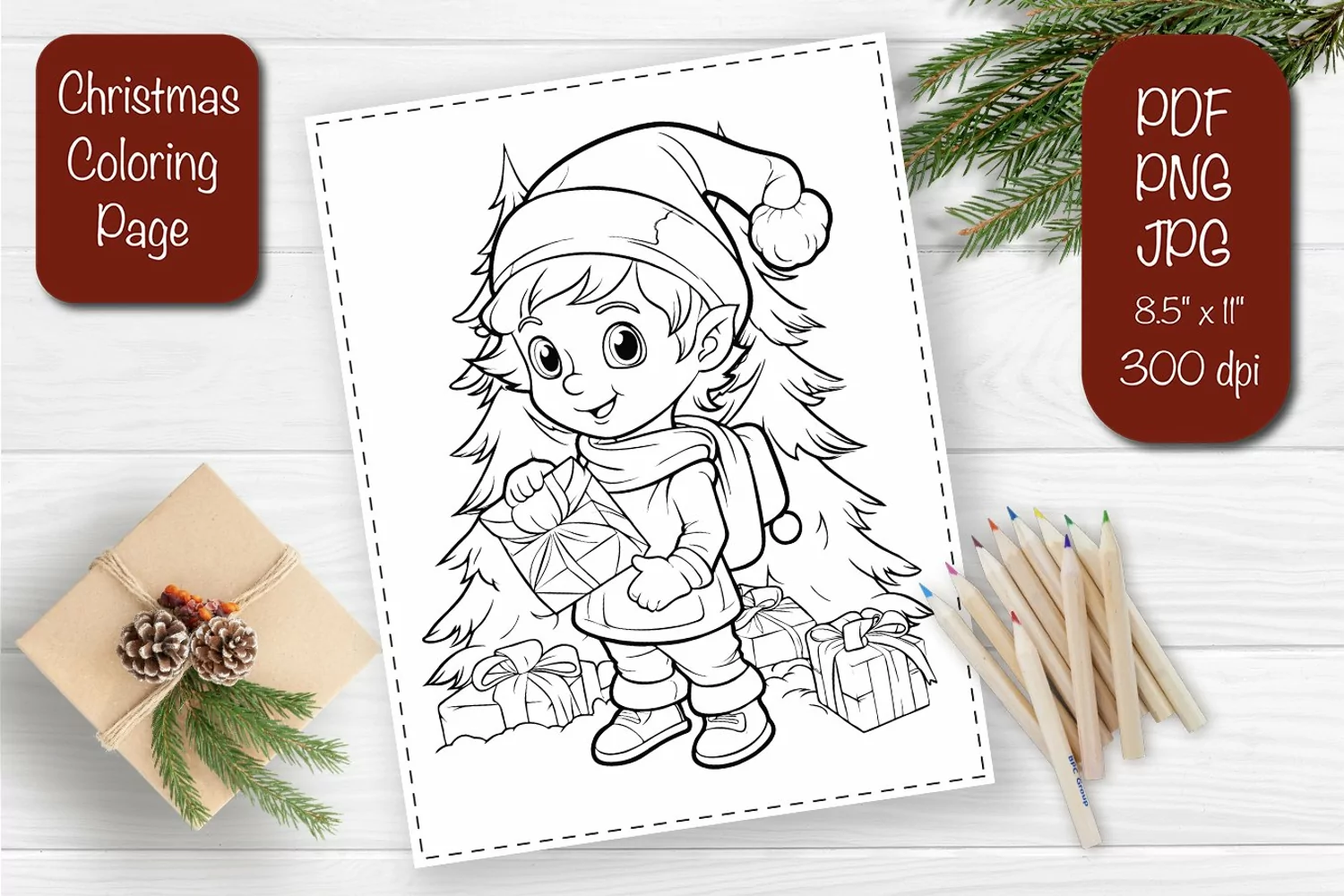 Christmas coloring pages Elf coloring Kids printable sheet product image 1