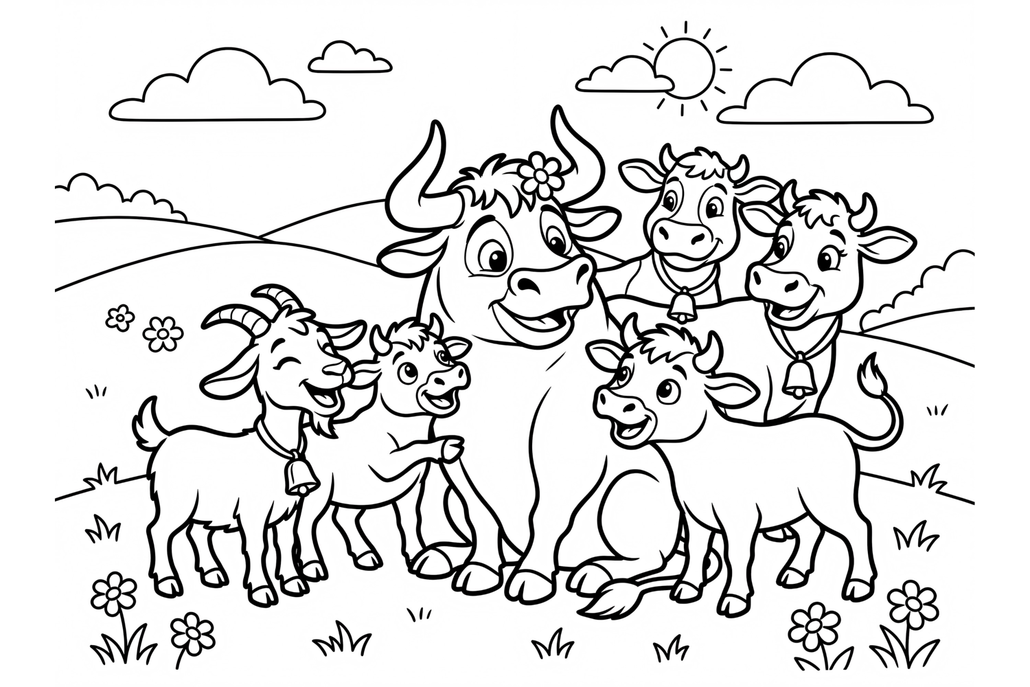 Cute Farm Animals Coloring Page for Kids with Cows and Goat product image 1